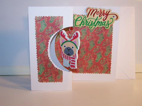Square Merry Christmas Spinning Dog With Reindeer Ears Card